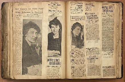 Scrapbook page with 1918 clippings announcing Hilda Gohrman's appointment as Harbor Board secretary.