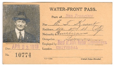 1918 Water-Front Pass identification card for E. T. Kraut, with his photograph and occupation listed as fireman.