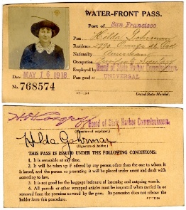 Water-Front Pass for Hilda Gohrman, 1918, front and back, with her photograph and signature.